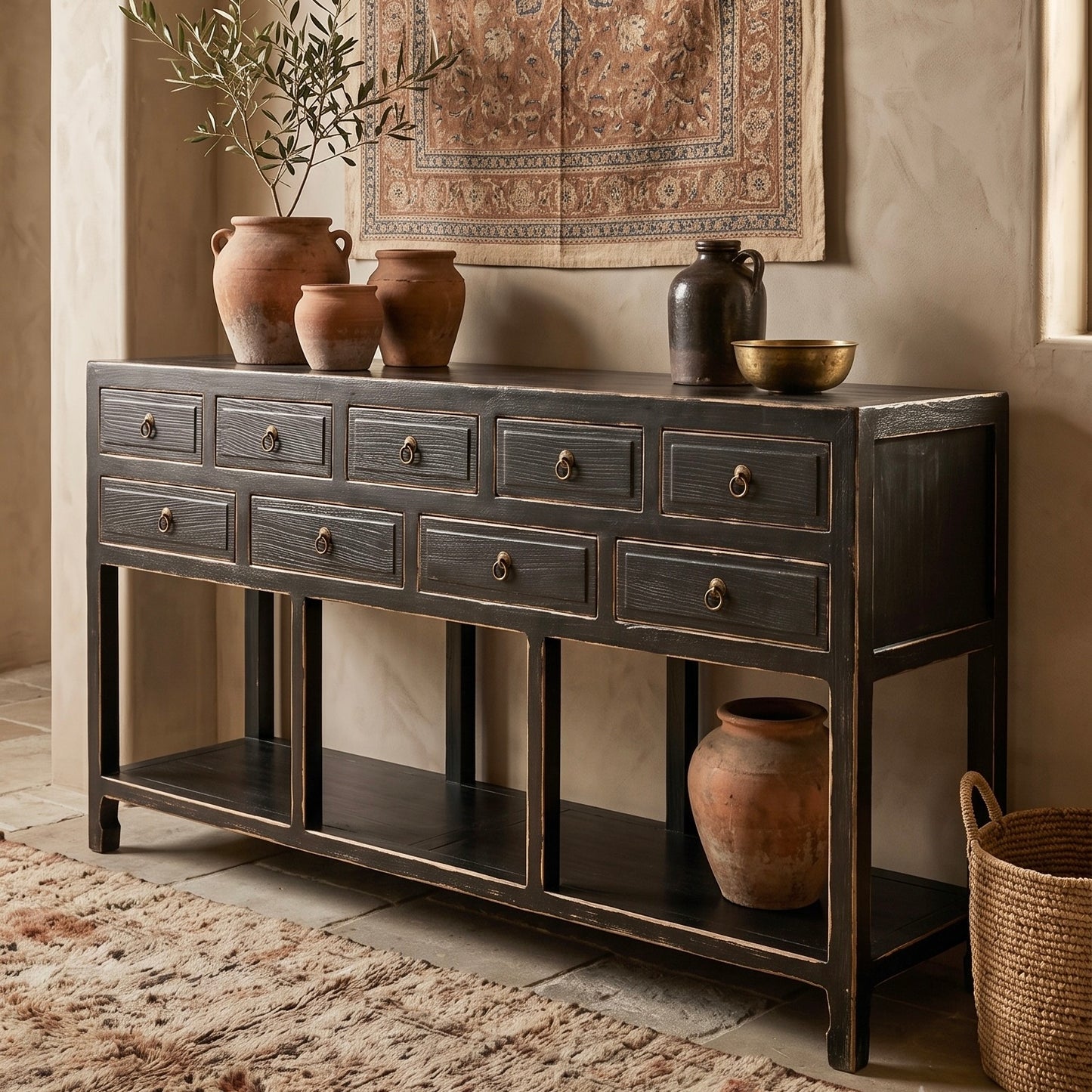 9 Drawer Reclaimed Elm Console with Shelf | 200 cm | Vintage Black