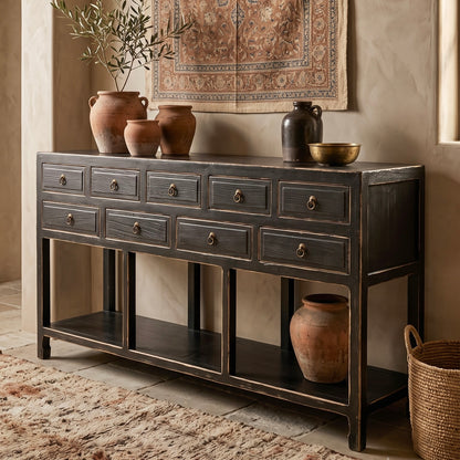 9 Drawer Reclaimed Elm Console with Shelf | 200 cm | Vintage Black