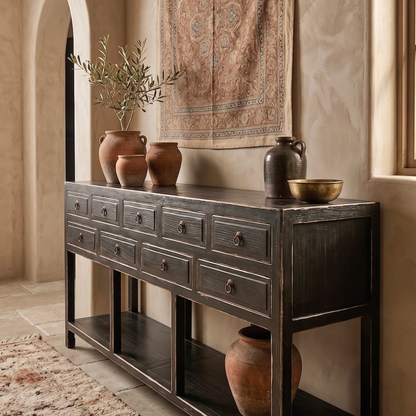9 Drawer Reclaimed Elm Console with Shelf | 200 cm | Vintage Black