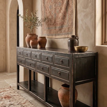 9 Drawer Reclaimed Elm Console with Shelf | 200 cm | Vintage Black