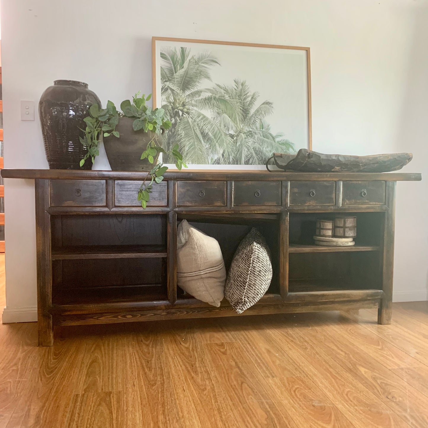 6 Drawer Elm Console | 230 cm | Vintage Black Finish