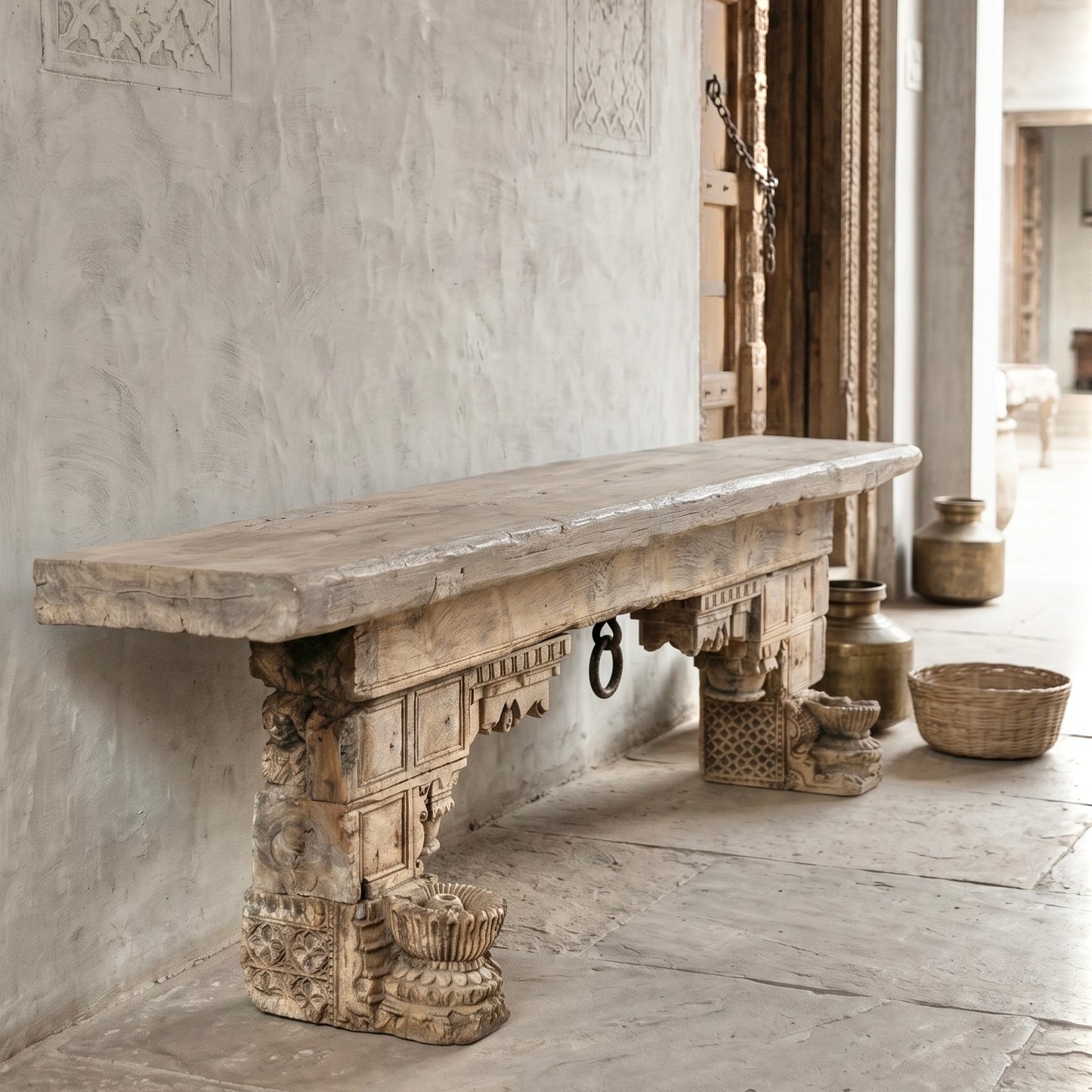 Vintage Indian Hand Carved Bench Seat (A26VP53)