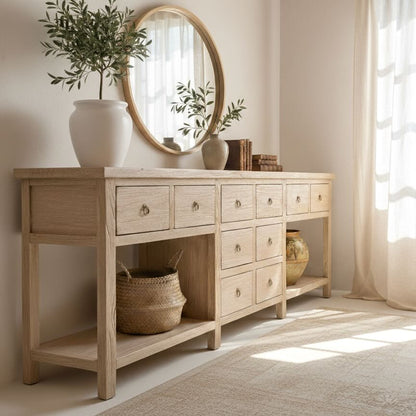 Heritage Console | 10 Drawer Console with Shelf | 240 cm | Natural Elm