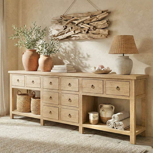 Heritage Console | 10 Drawer Console with Shelf | 240 cm | Natural Elm