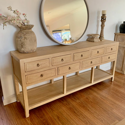 9 Drawer Console with Shelf | 200 cm | Natural Elm